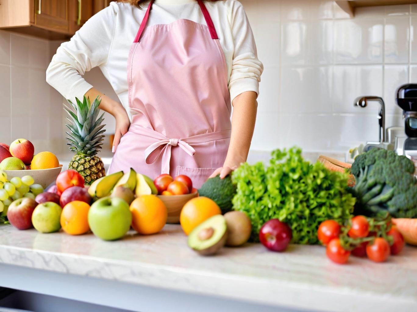 Woman in pink apron with fresh fruits and vegetables in kitchen