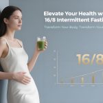 Woman holding green juice for 16/8 intermittent fasting, with health benefits graph