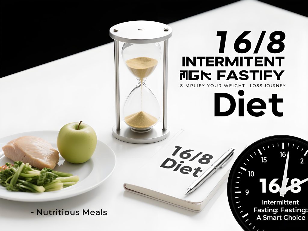 16/8 intermittent fasting diet concept with hourglass, nutritious meal (fish, apple, greens), notebook, and clock, promoting weight - loss simplification