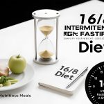 16/8 intermittent fasting diet concept with hourglass, nutritious meal (fish, apple, greens), notebook, and clock, promoting weight - loss simplification