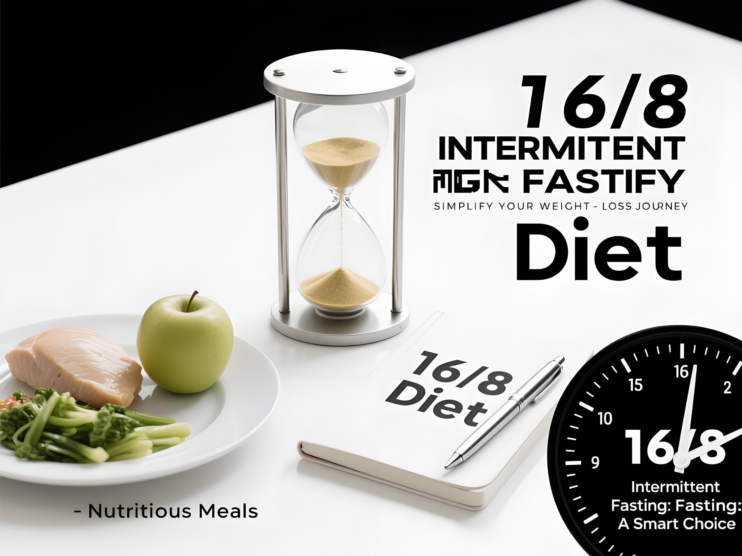 16/8 intermittent fasting diet concept with hourglass, nutritious meal (fish, apple, greens), notebook, and clock, promoting weight - loss simplification