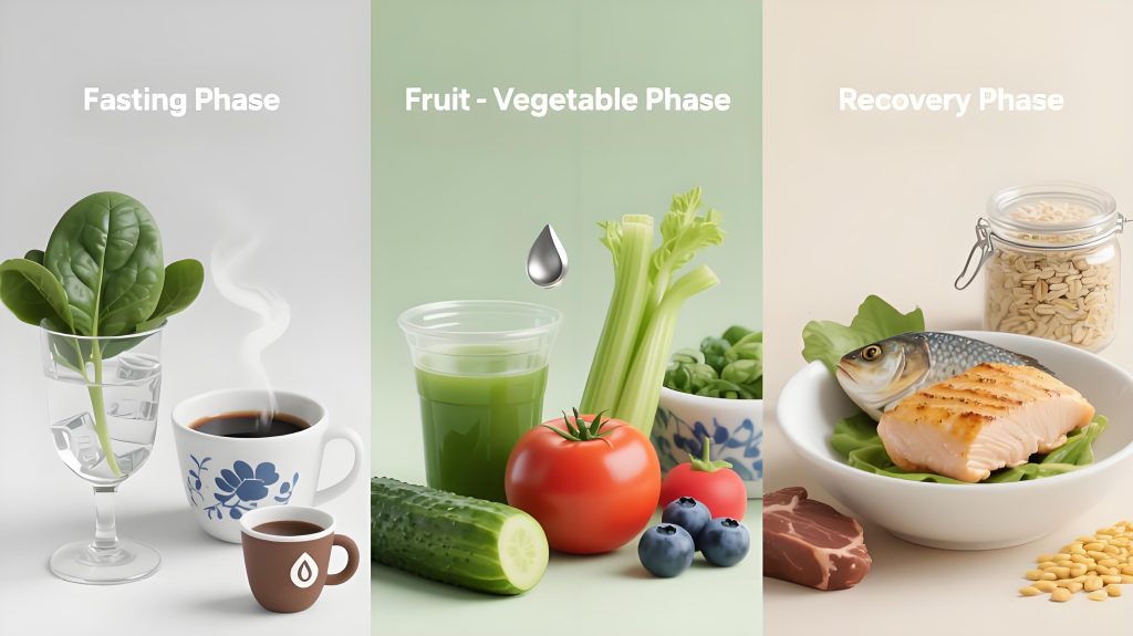 Three phases of intermittent fasting: Fasting Phase with water/coffee, Fruit - Vegetable Phase with fresh produce, Recovery Phase with lean protein & whole grains