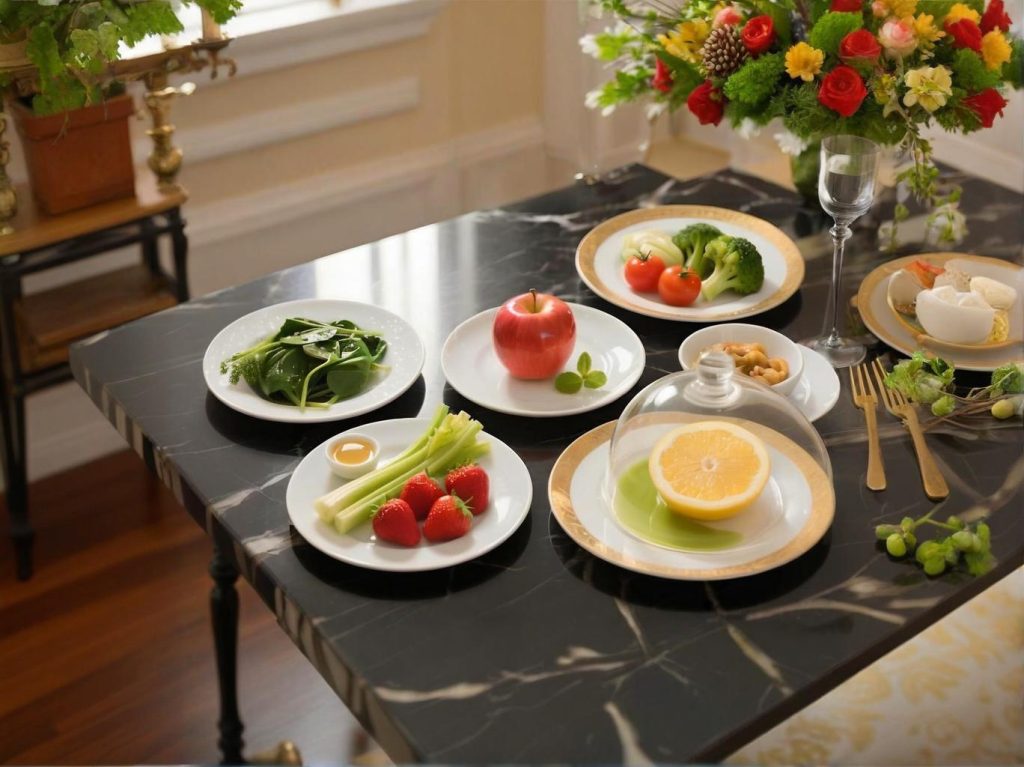 Elegant healthy meal platter with fresh fruits, greens, and vegetables on a marble table – ideal for Mediterranean or balanced diet recipes