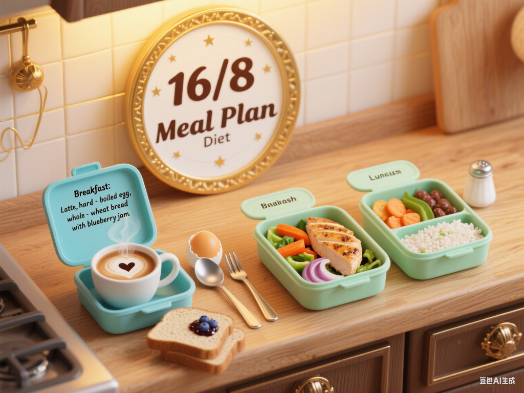 16/8 Intermittent Fasting Meal Plan Setup - Breakfast (Latte, Egg, Whole - Wheat Bread), Lunch Boxes with Balanced Meals