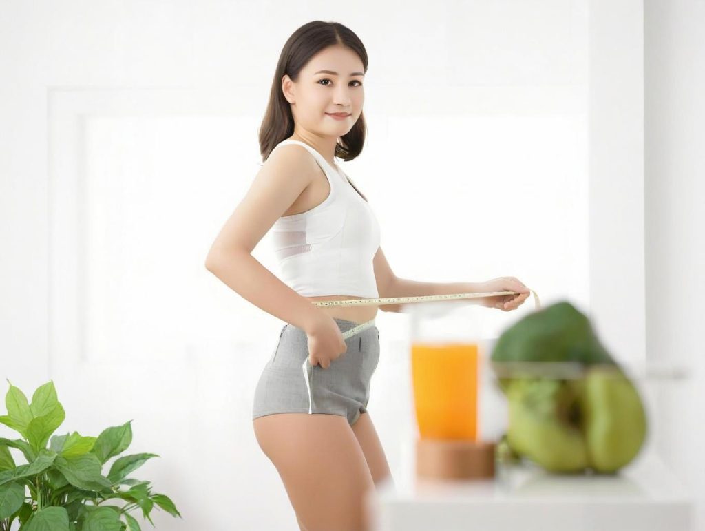 Woman Measuring Waist for Weight Management, Healthy Lifestyle with Fruits and Juice
