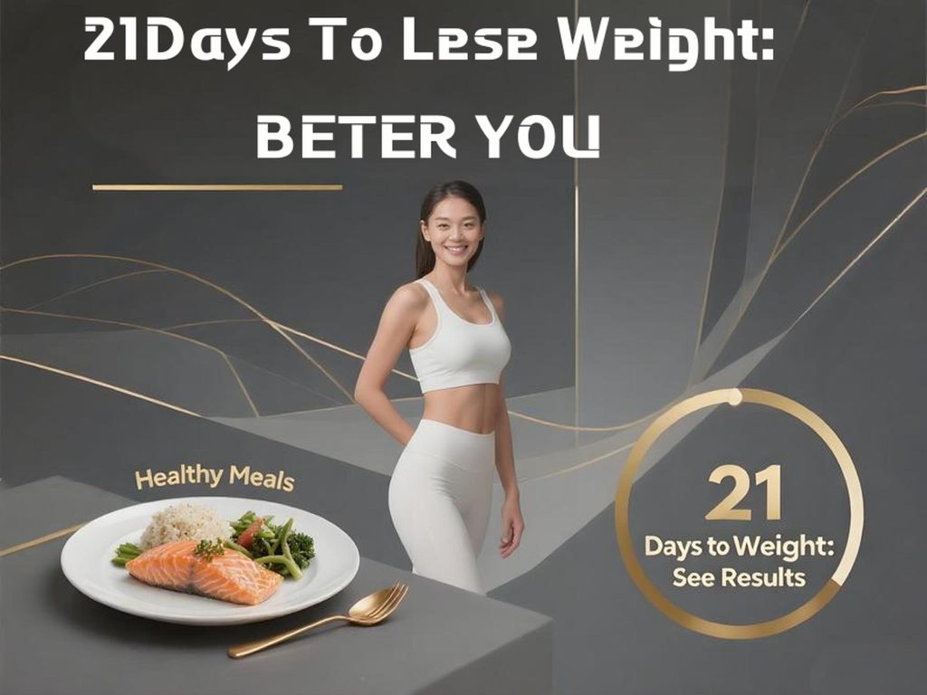 21 - day weight loss program promotion: woman in activewear with healthy meal (salmon, veggies, rice) and "Better You" slogan