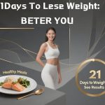 21 - day weight loss program promotion: woman in activewear with healthy meal (salmon, veggies, rice) and "Better You" slogan