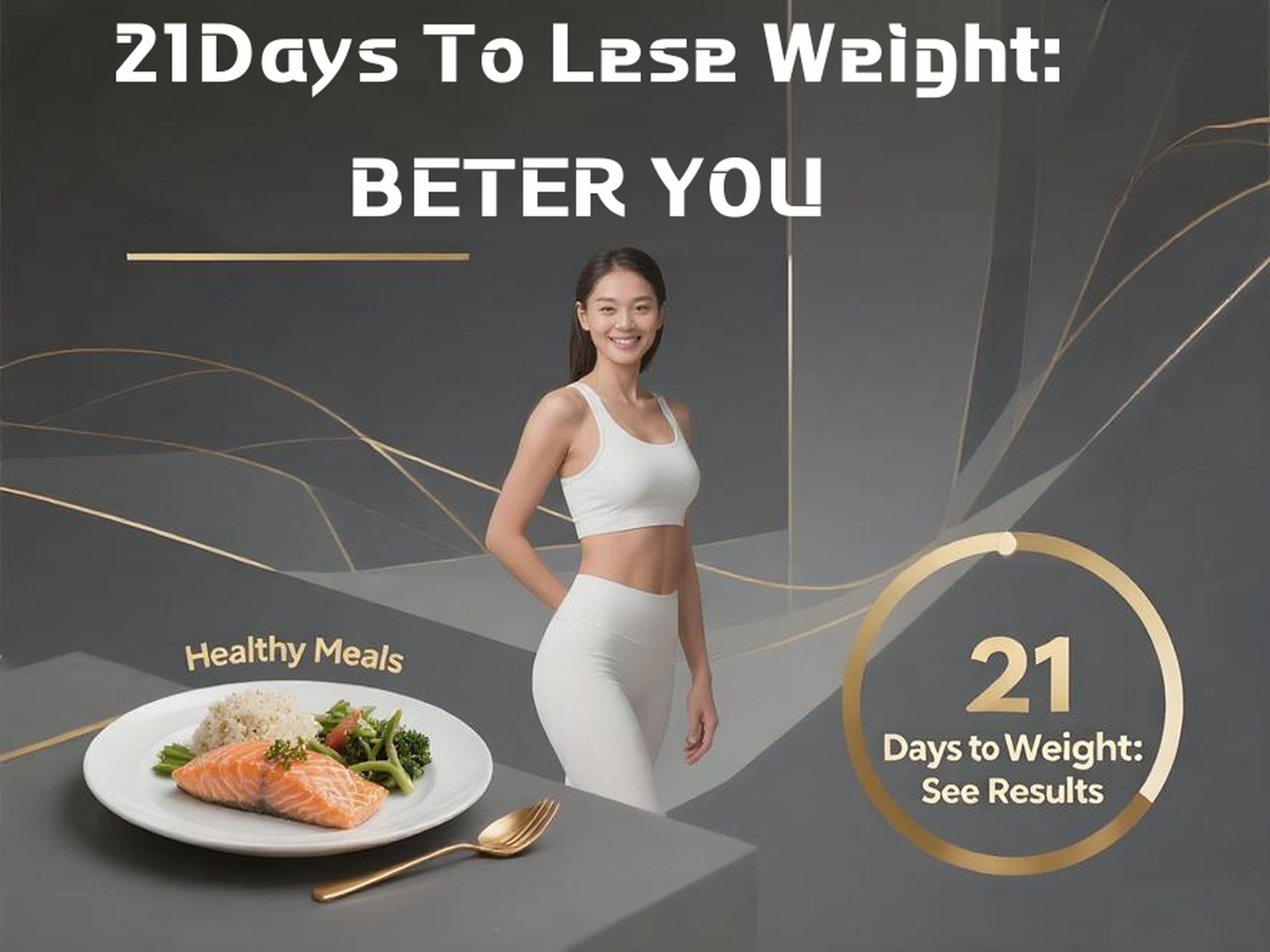 21 - day weight loss program promotion: woman in activewear with healthy meal (salmon, veggies, rice) and "Better You" slogan