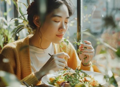 1800-Calorie-Diet-Guide12 Woman holding pizza slice with fried foods on table