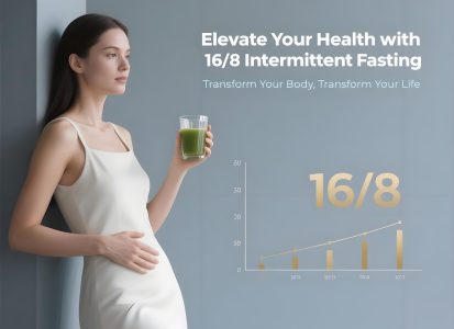 16/8 Intermittent Fasting Health Benefits Visual Guide Woman holding green juice for 16/8 intermittent fasting, with health benefits graph